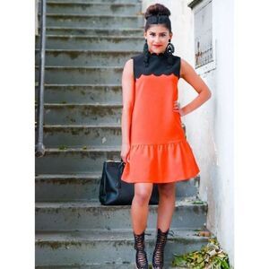 Victoria Beckham Women's Orange Drop Waist Scallop Trim Black Dress Size Small